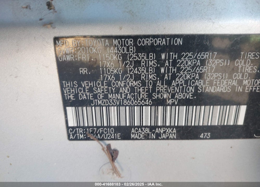 2008 TOYOTA RAV4 VIN: JTMZD33V186065646