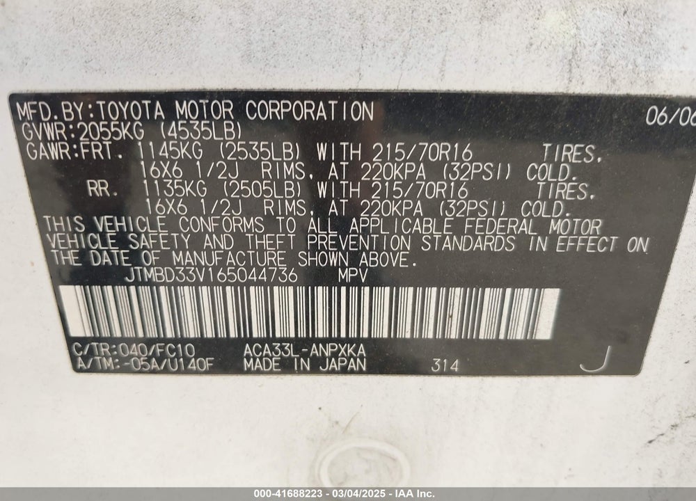 2006 TOYOTA RAV4 VIN: JTMBD33V165044736