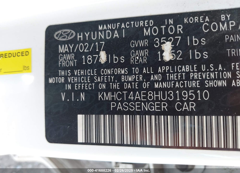 2017 HYUNDAI ACCENT VIN: KMHCT4AE8HU319510