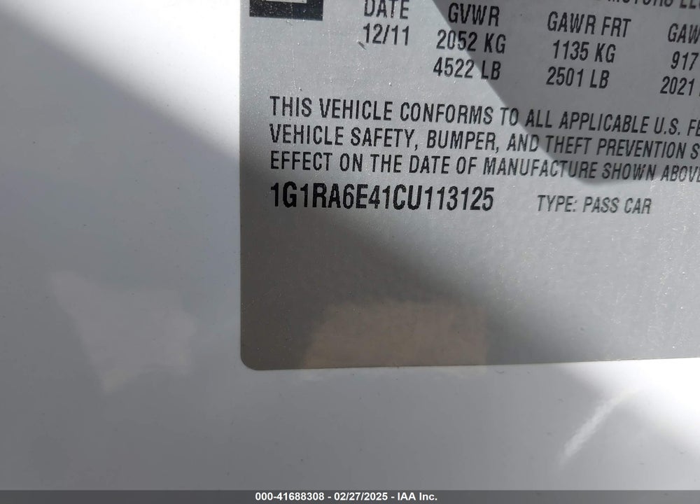 2012 CHEVROLET VOLT VIN: 1G1RA6E41CU113125