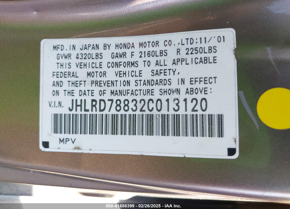 2002 HONDA CR-V EX VIN: JHLRD78832C013120