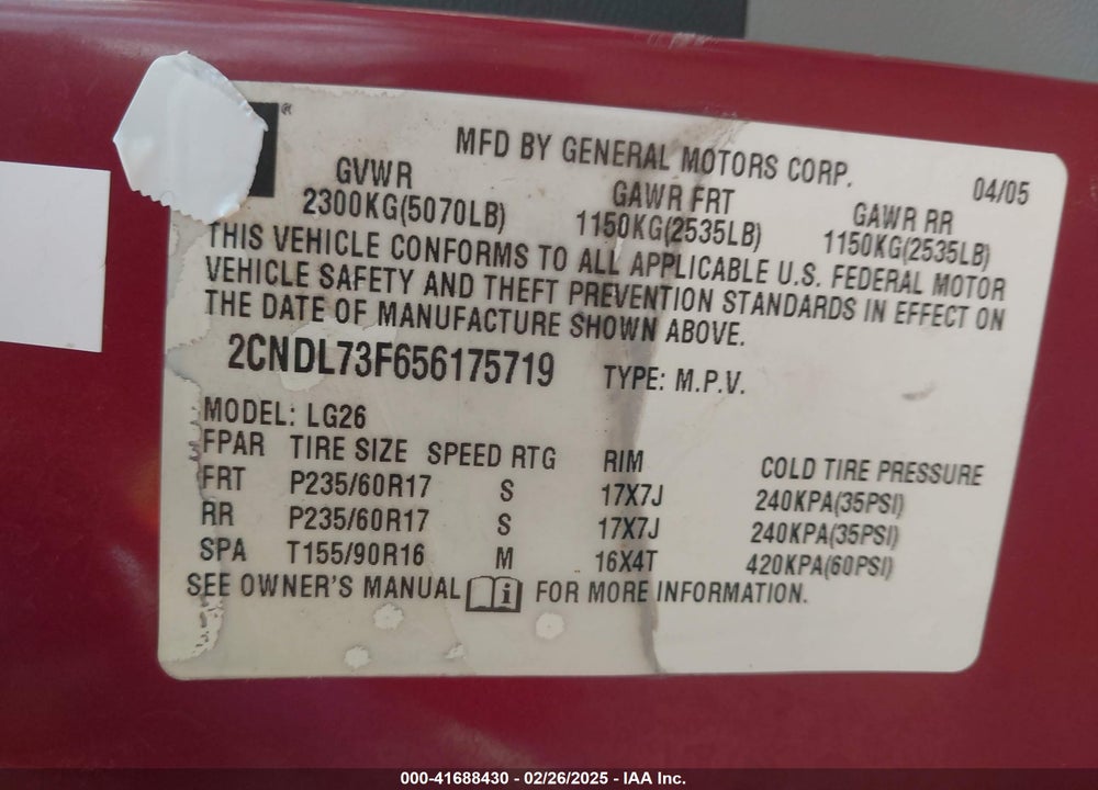 2005 CHEVROLET EQUINOX LT VIN: 2CNDL73F656175719