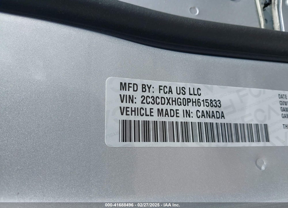 2023 DODGE CHARGER VIN: 2C3CDXHG0PH615833