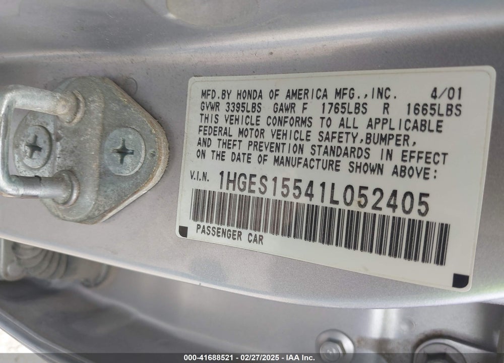 2001 HONDA CIVIC VIN: 1HGES15541L052405