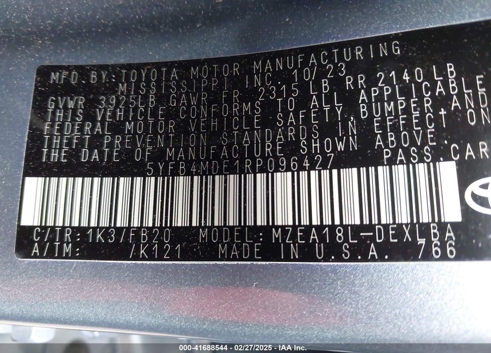 2024 TOYOTA COROLLA VIN: 5YFB4MDE1RP096427
