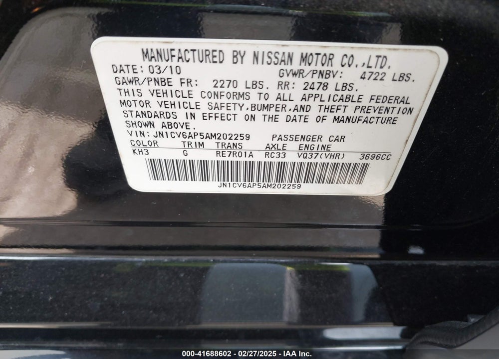 2010 INFINITI G37 VIN: JN1CV6AP5AM202259