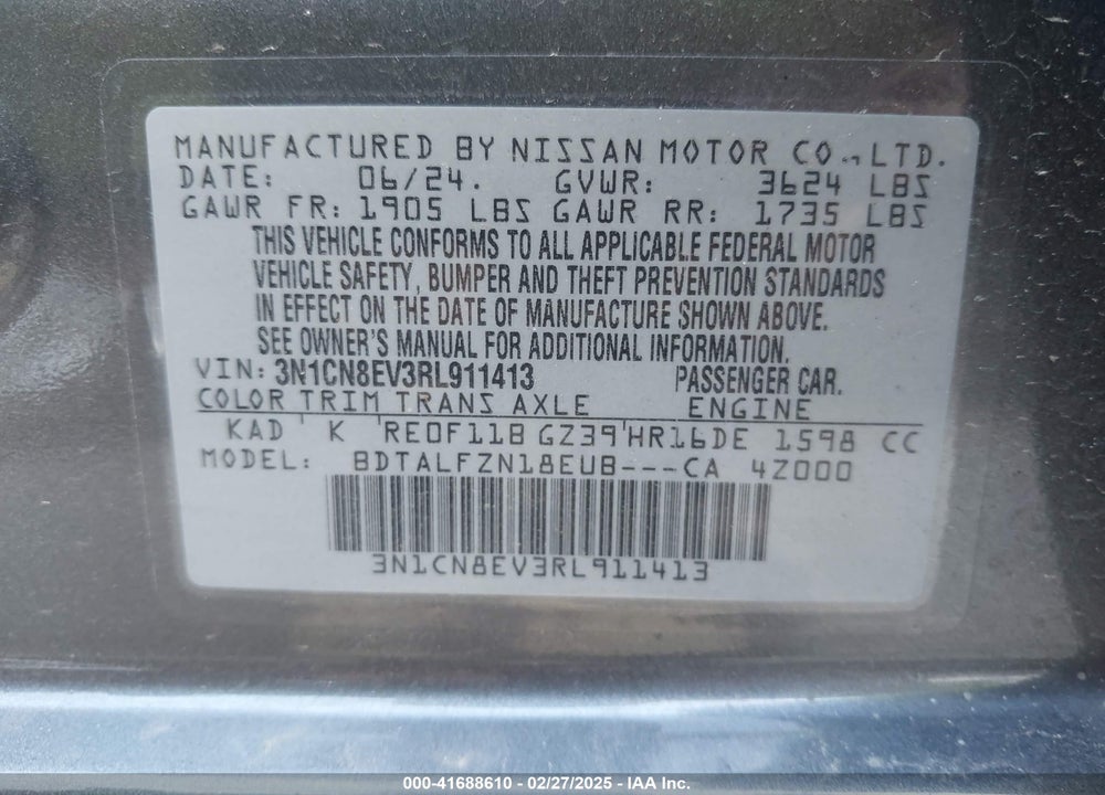 2024 NISSAN VERSA VIN: 3N1CN8EV3RL911413