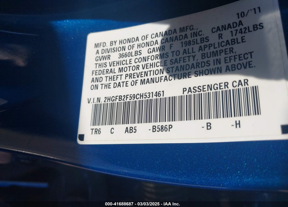 2012 HONDA CIVIC VIN: 2HGFB2F59CH531461