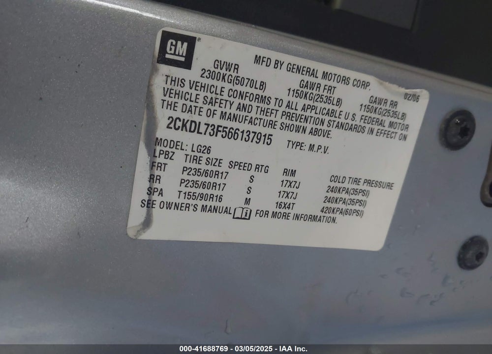 2006 PONTIAC TORRENT VIN: 2CKDL73F566137915