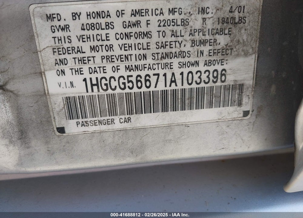 2001 HONDA ACCORD 2.3 EX VIN: 1HGCG56671A103396