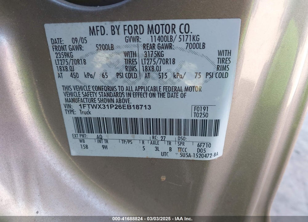 2006 FORD F-350 LARIAT/XL/XLT VIN: 1FTWX31P26EB18713