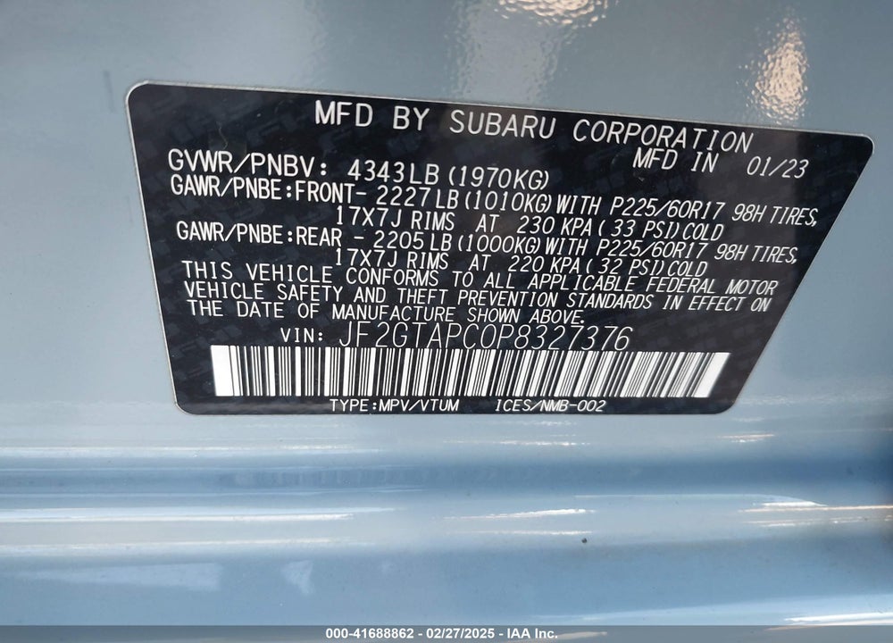 2023 SUBARU CROSSTREK VIN: JF2GTAPC0P8327376