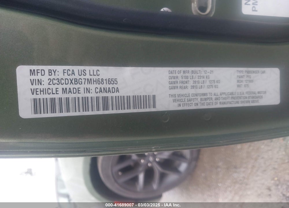 2021 DODGE CHARGER VIN: 2C3CDXBG7MH681655