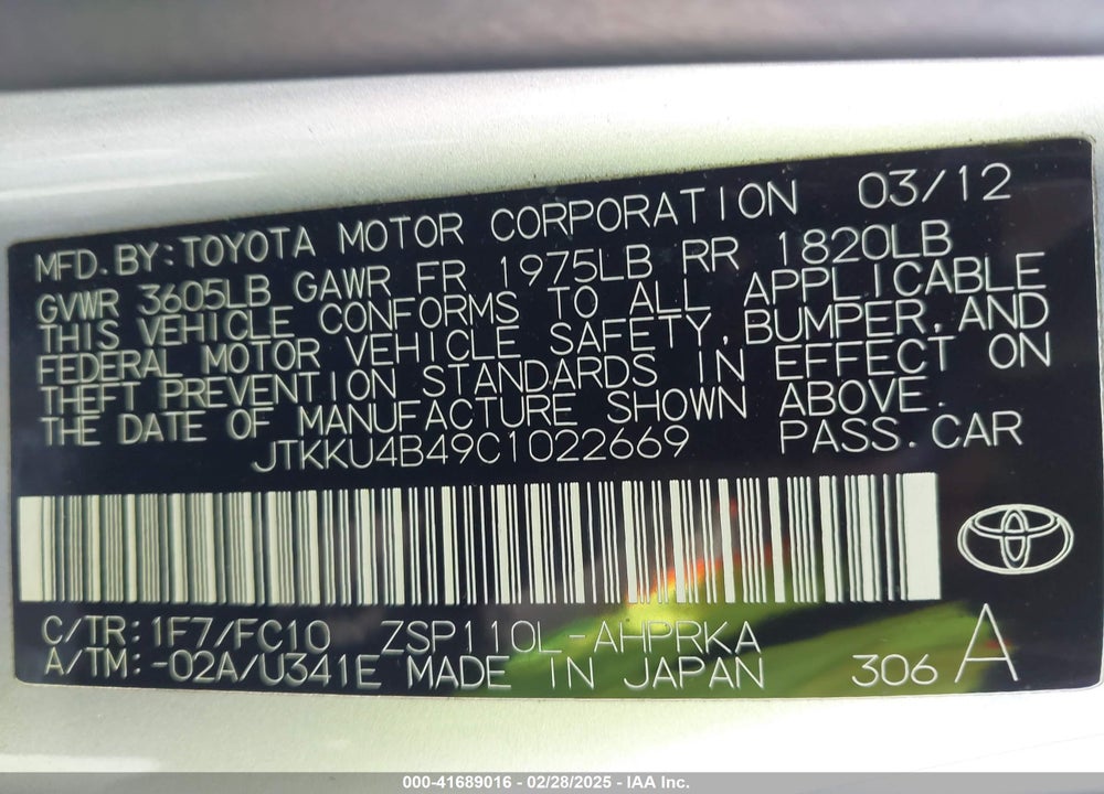 2012 SCION XD VIN: JTKKU4B49C1022669