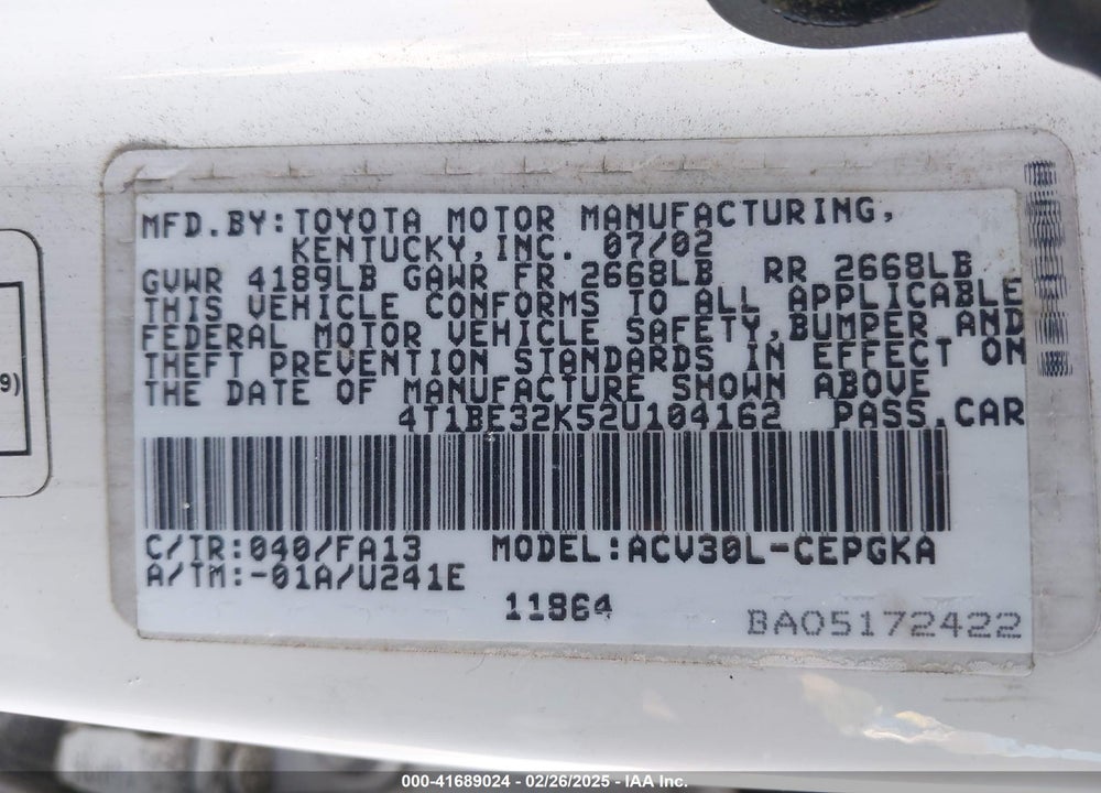 2002 TOYOTA CAMRY XLE VIN: 4T1BE32K52U104162
