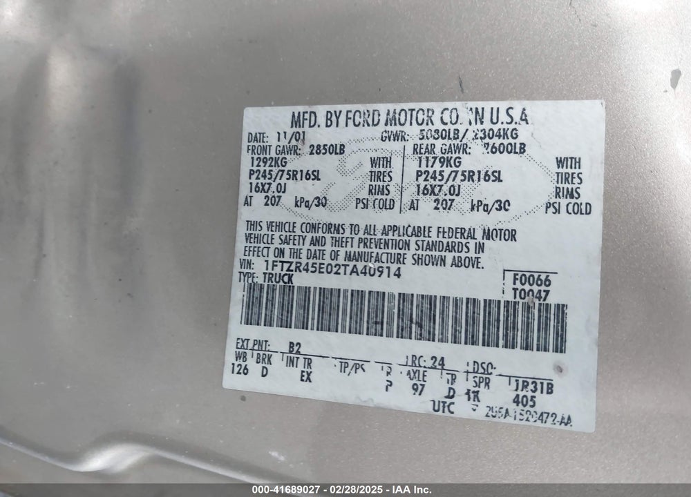 2002 FORD RANGER EDGE/XLT VIN: 1FTZR45E02TA40914