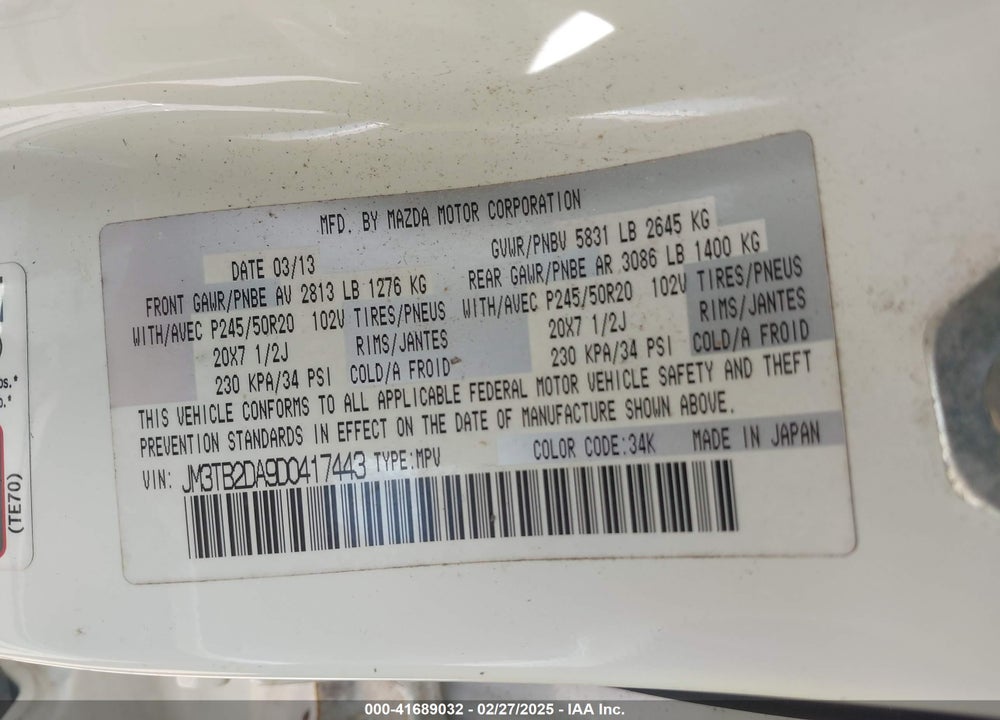 2013 MAZDA CX-9 VIN: JM3TB2DA9D0417443