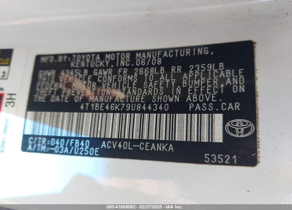 2009 TOYOTA CAMRY VIN: 4T1BE46K79U844340