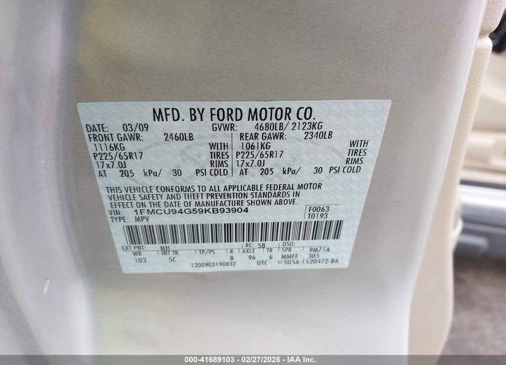 2009 FORD ESCAPE VIN: 1FMCU94G59KB93904