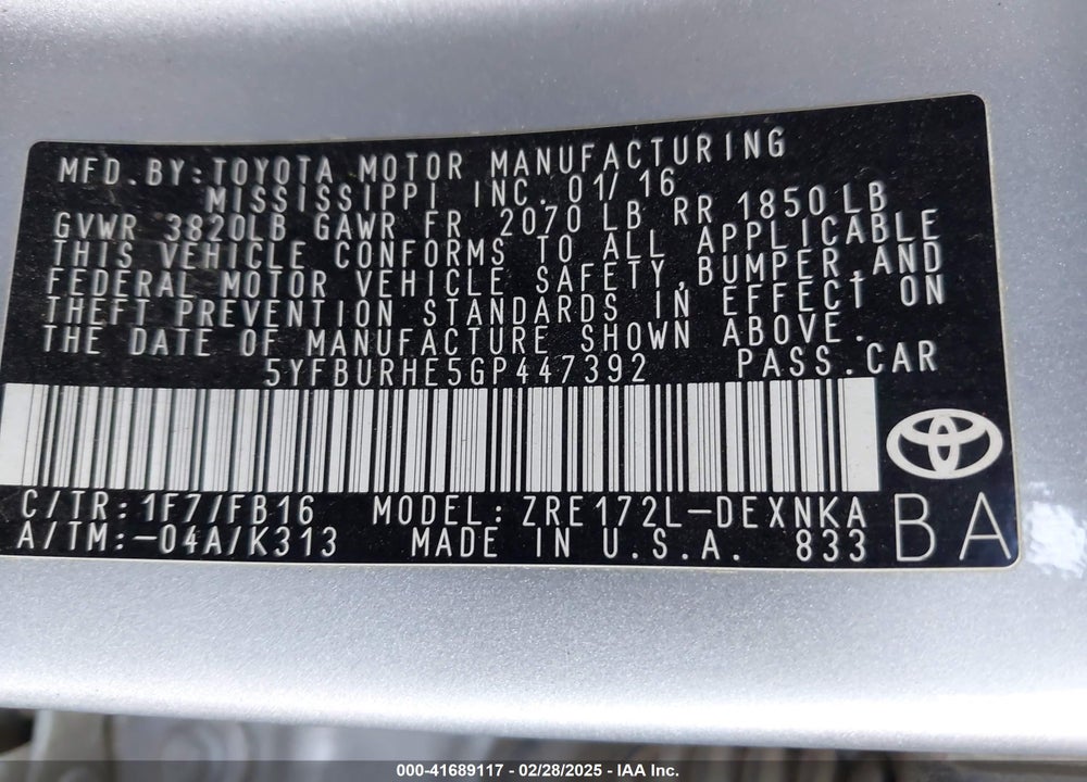 2016 TOYOTA COROLLA VIN: 5YFBURHE5GP447392