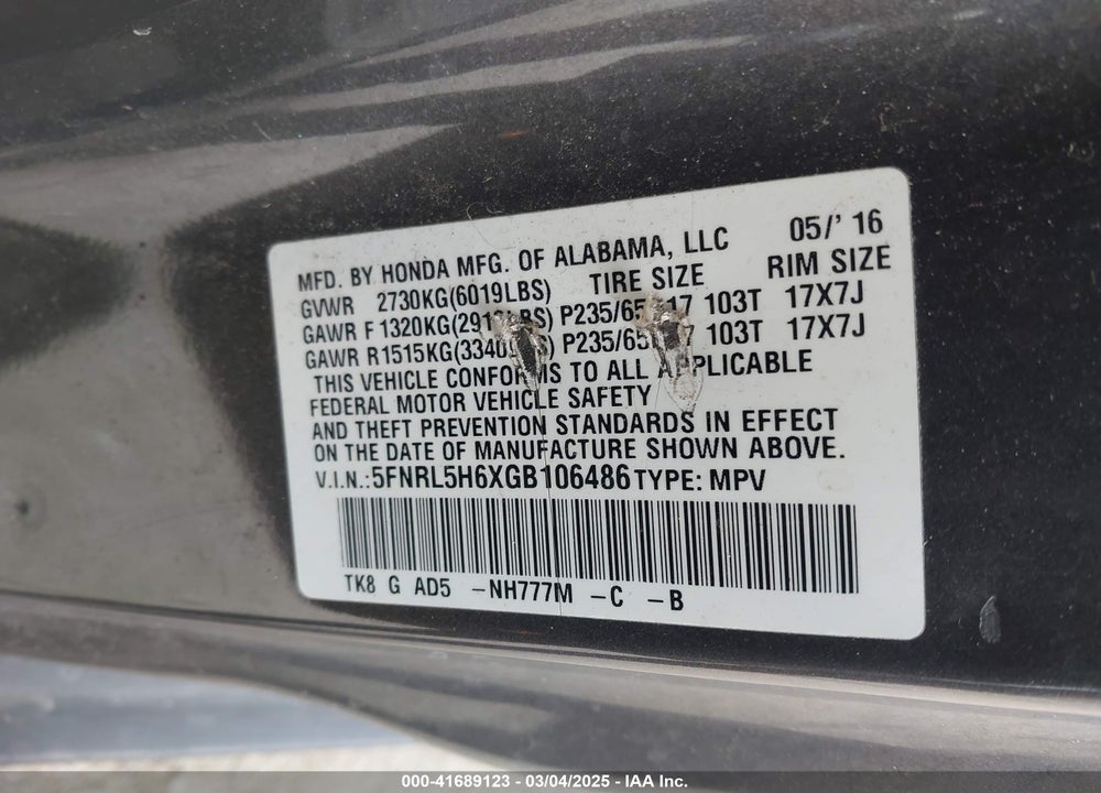 2016 HONDA ODYSSEY EX-L VIN: 5FNRL5H6XGB106486