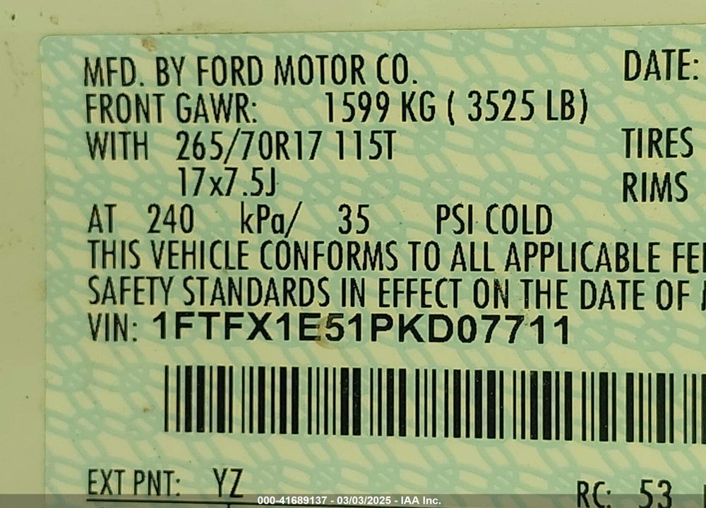 2023 FORD F-150 VIN: 1FTFX1E51PKD07711