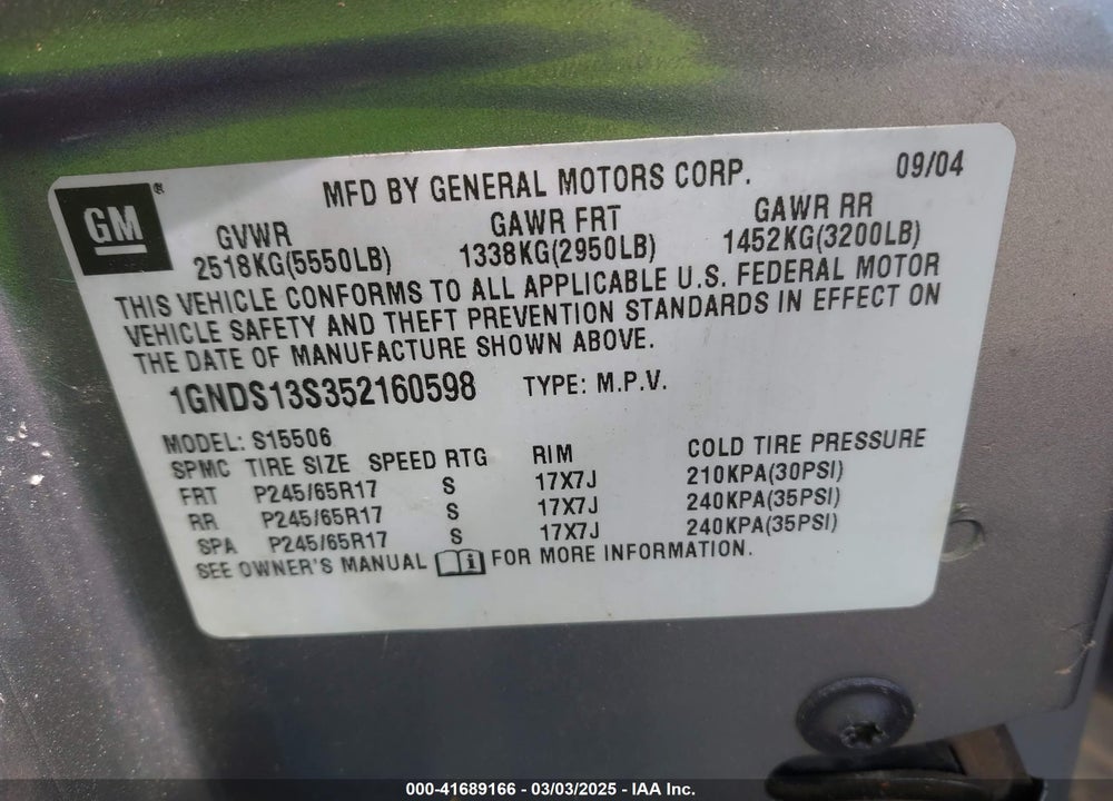 2005 CHEVROLET TRAILBLAZER LT VIN: 1GNDS13S352160598
