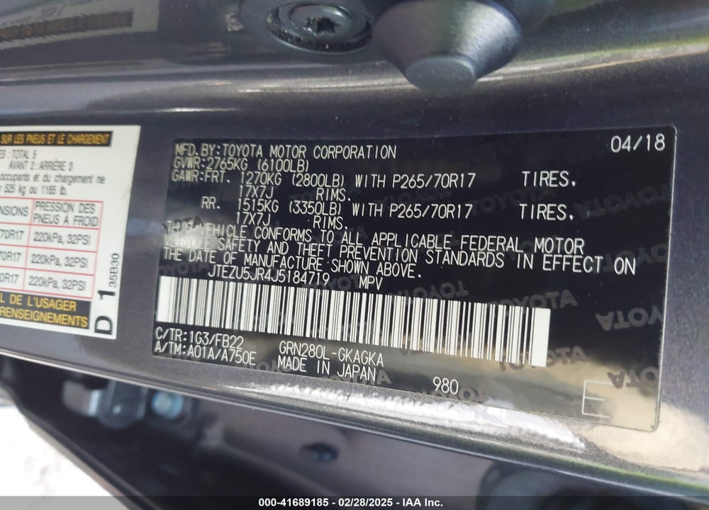 2018 TOYOTA 4RUNNER VIN: JTEZU5JR4J5184719