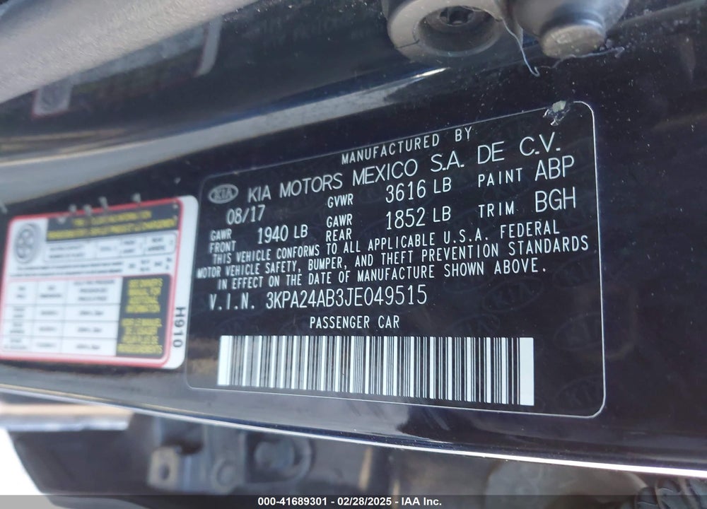2018 KIA RIO LX VIN: 3KPA24AB3JE049515