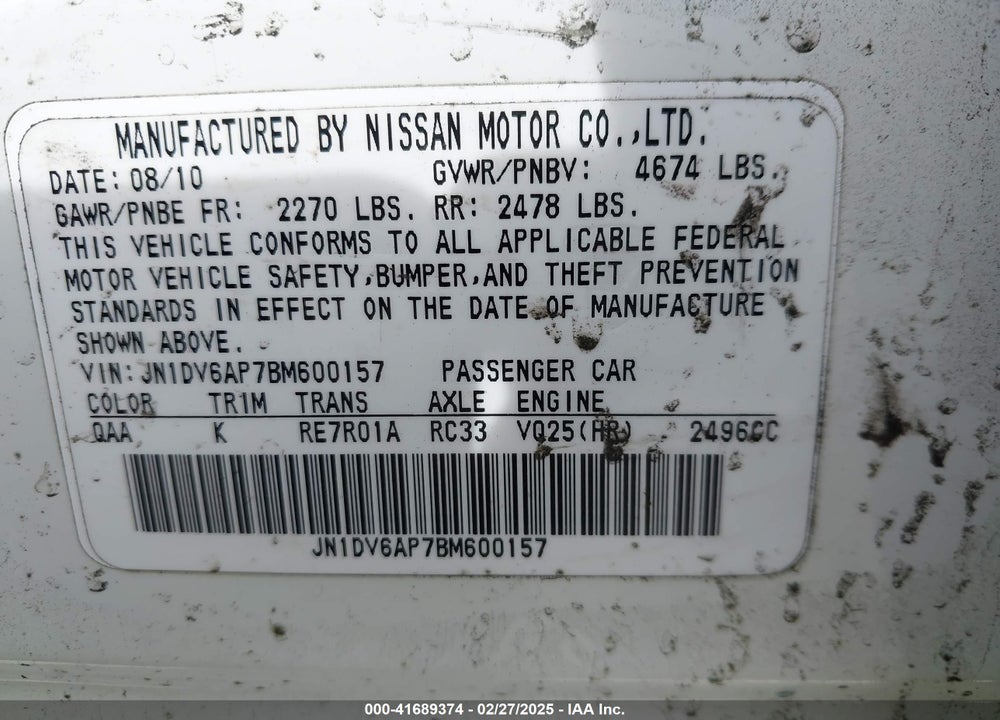 2011 INFINITI G25 JOURNEY VIN: JN1DV6AP7BM600157