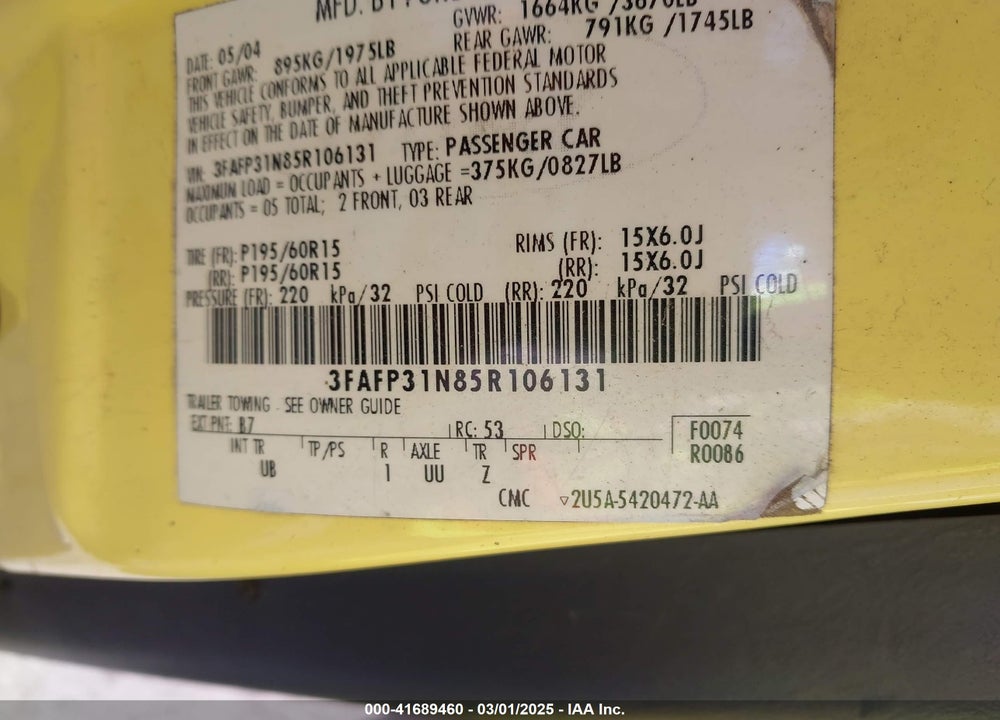 2005 FORD FOCUS ZX3 VIN: 3FAFP31N85R106131