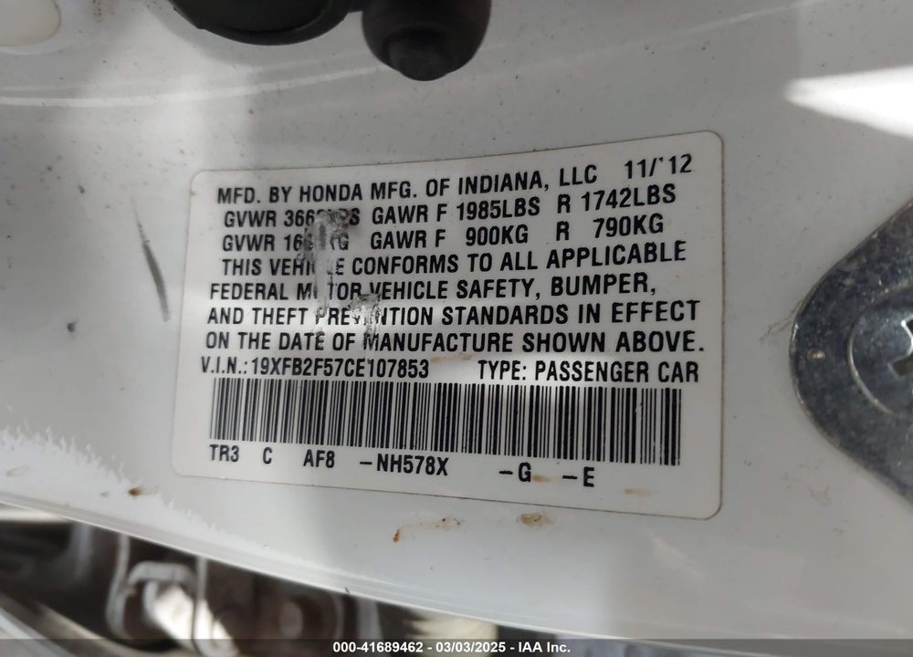 2012 HONDA CIVIC LX VIN: 19XFB2F57CE107853
