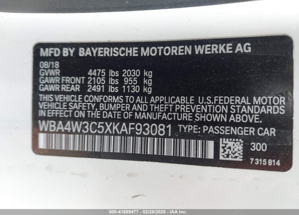 2019 BMW 430I VIN: WBA4W3C5XKAF93081
