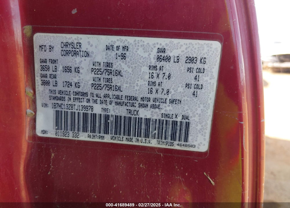 1996 DODGE RAM 1500 VIN: 1B7HC13Z8TJ139978