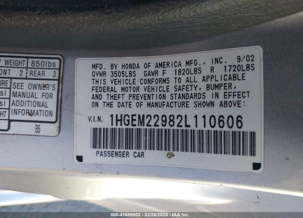 2002 HONDA CIVIC EX VIN: 1HGEM22982L110606