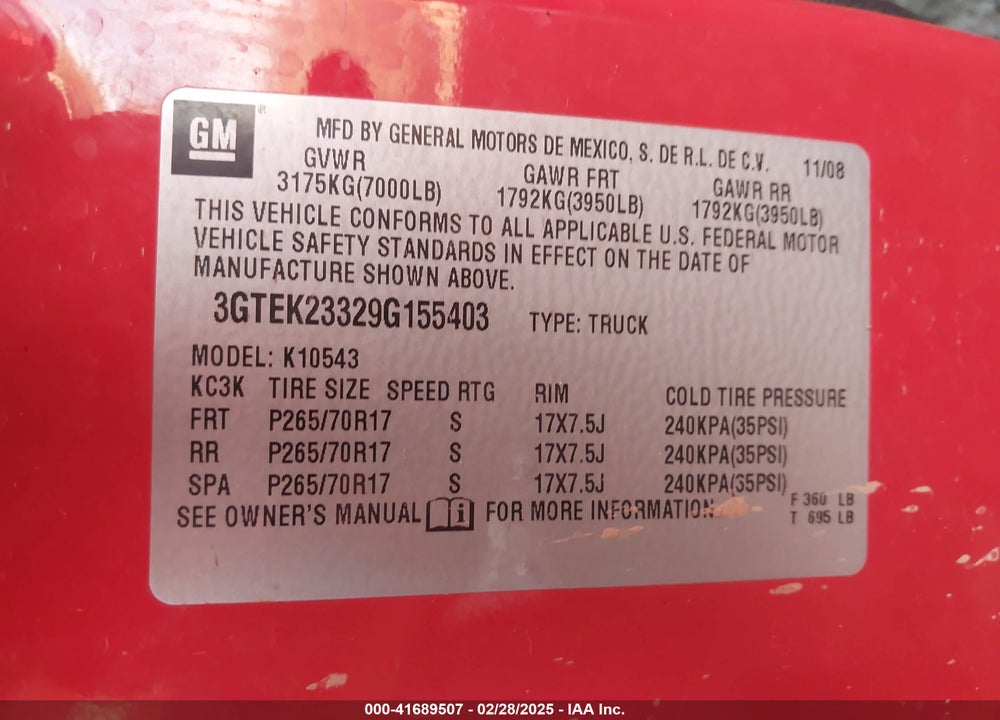 2009 GMC SIERRA 1500 VIN: 3GTEK23329G155403