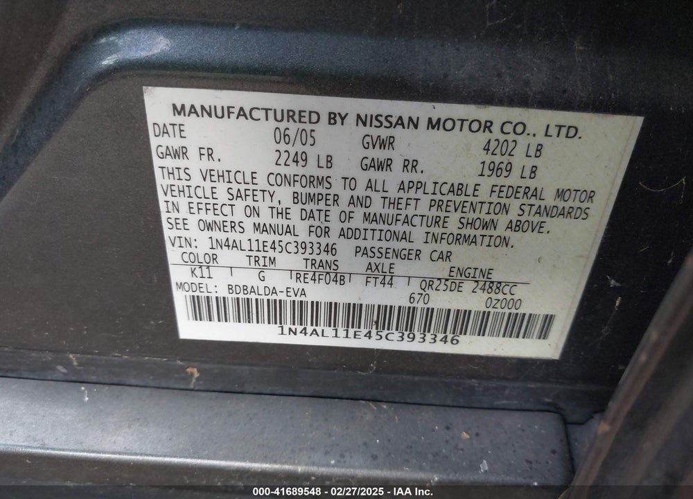 2005 NISSAN ALTIMA 2.5 S VIN: 1N4AL11E45C393346