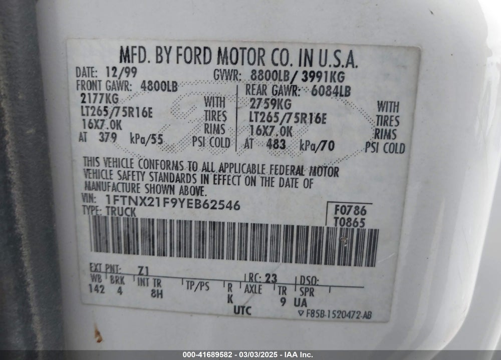 2000 FORD F-250 LARIAT/XL/XLT VIN: 1FTNX21F9YEB62546