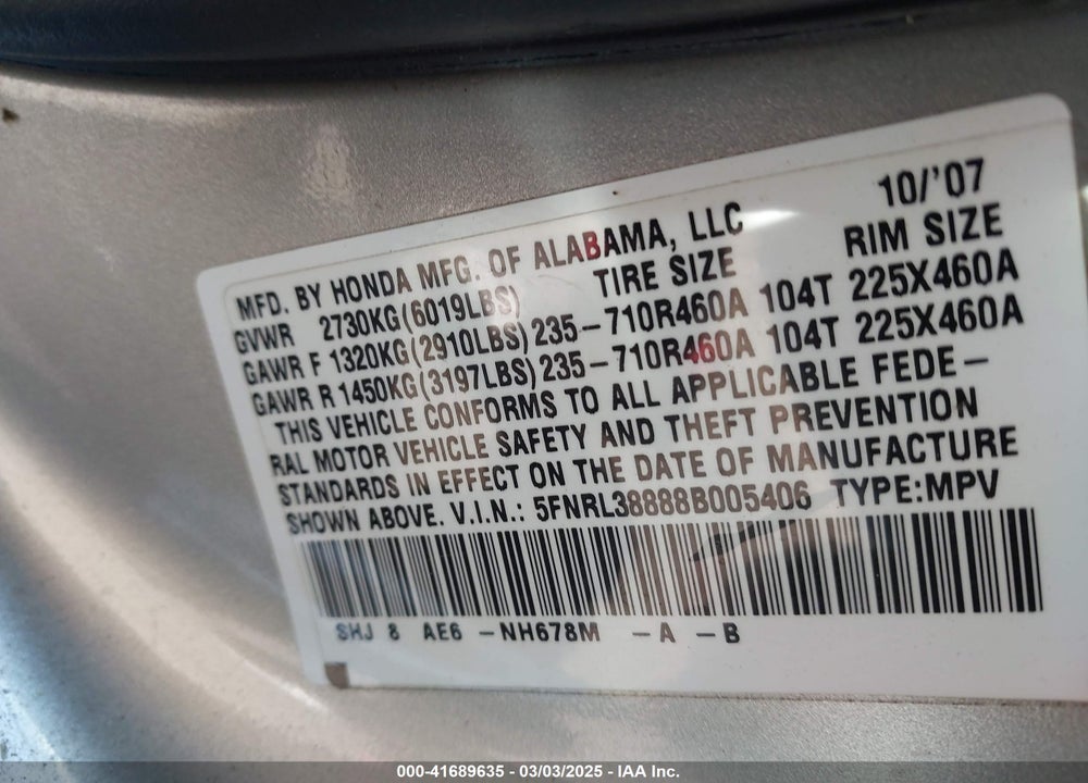 2008 HONDA ODYSSEY VIN: 5FNRL38888B005406
