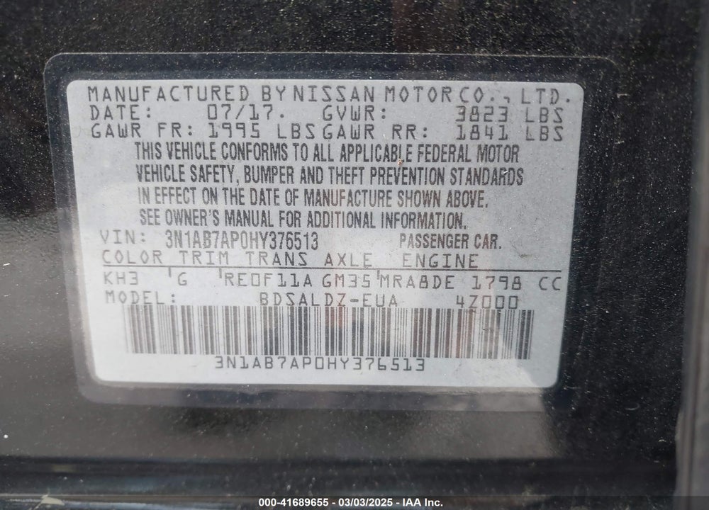 2017 NISSAN SENTRA VIN: 3N1AB7AP0HY376513