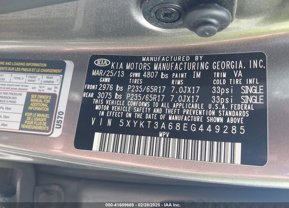 2014 KIA SORENTO VIN: 5XYKT3A68EG449285