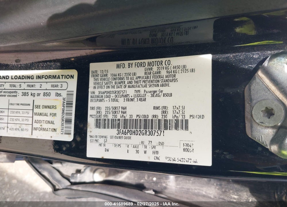 2016 FORD FUSION VIN: 3FA6P0HD2GR307571