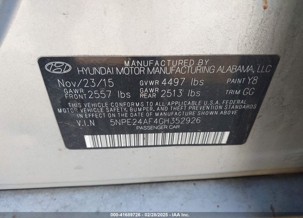 2016 HYUNDAI SONATA SE VIN: 5NPE24AF4GH352926