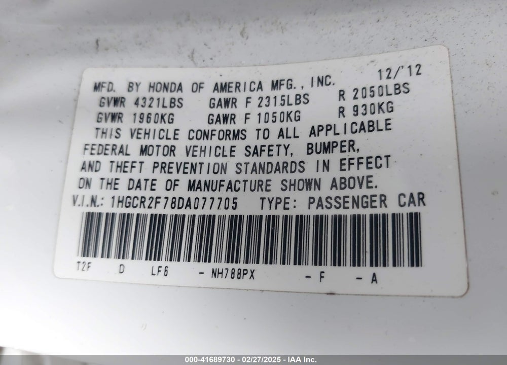 2013 HONDA ACCORD VIN: 1HGCR2F78DA077705