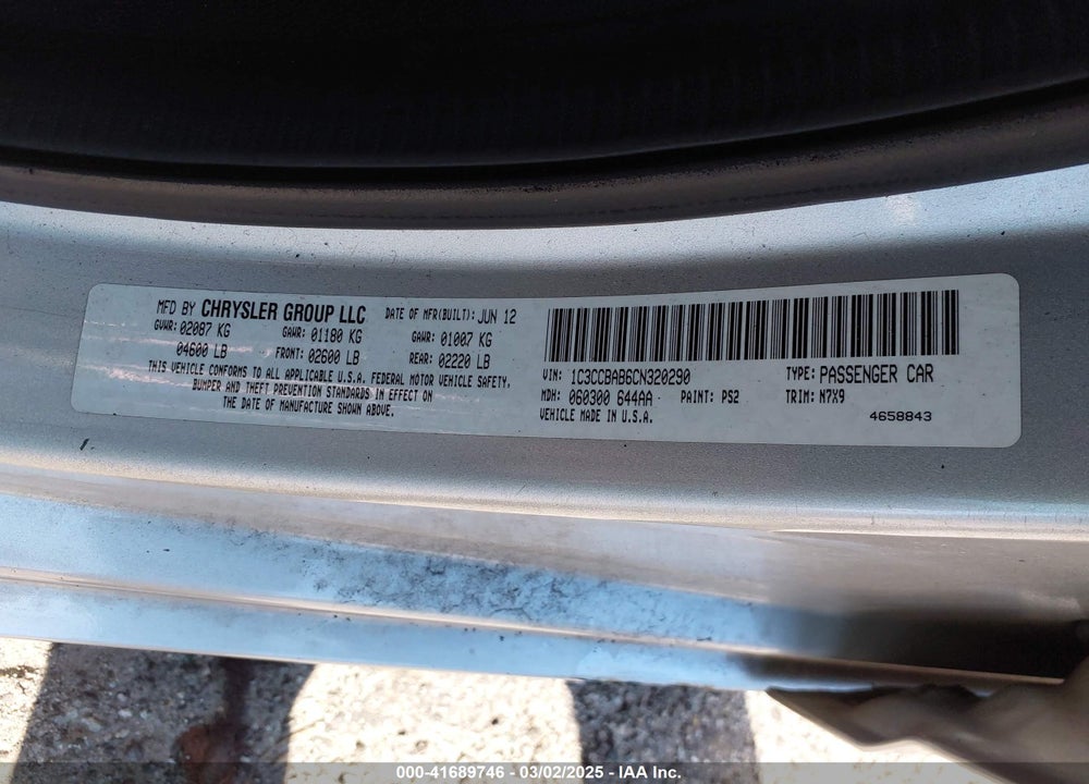 2012 CHRYSLER 200 LX VIN: 1C3CCBAB6CN320290