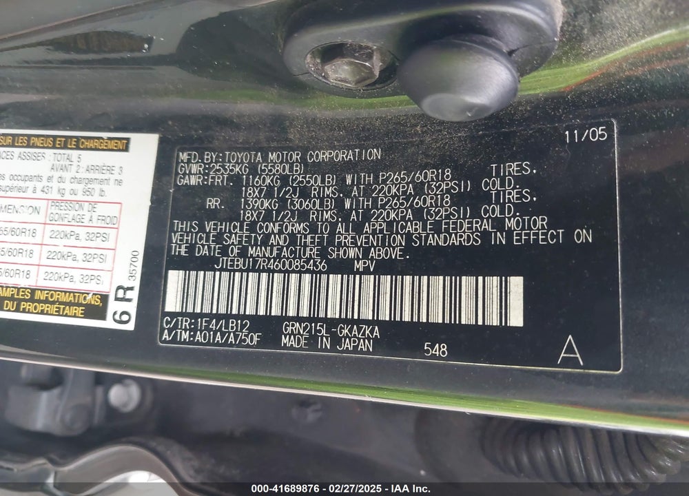 2006 TOYOTA 4RUNNER VIN: JTEBU17R460085436