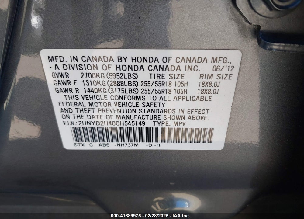 2012 ACURA MDX VIN: 2HNYD2H40CH545149