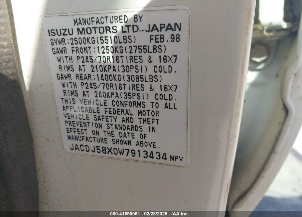 1998 ISUZU TROOPER S VIN: JACDJ58X0W7913434