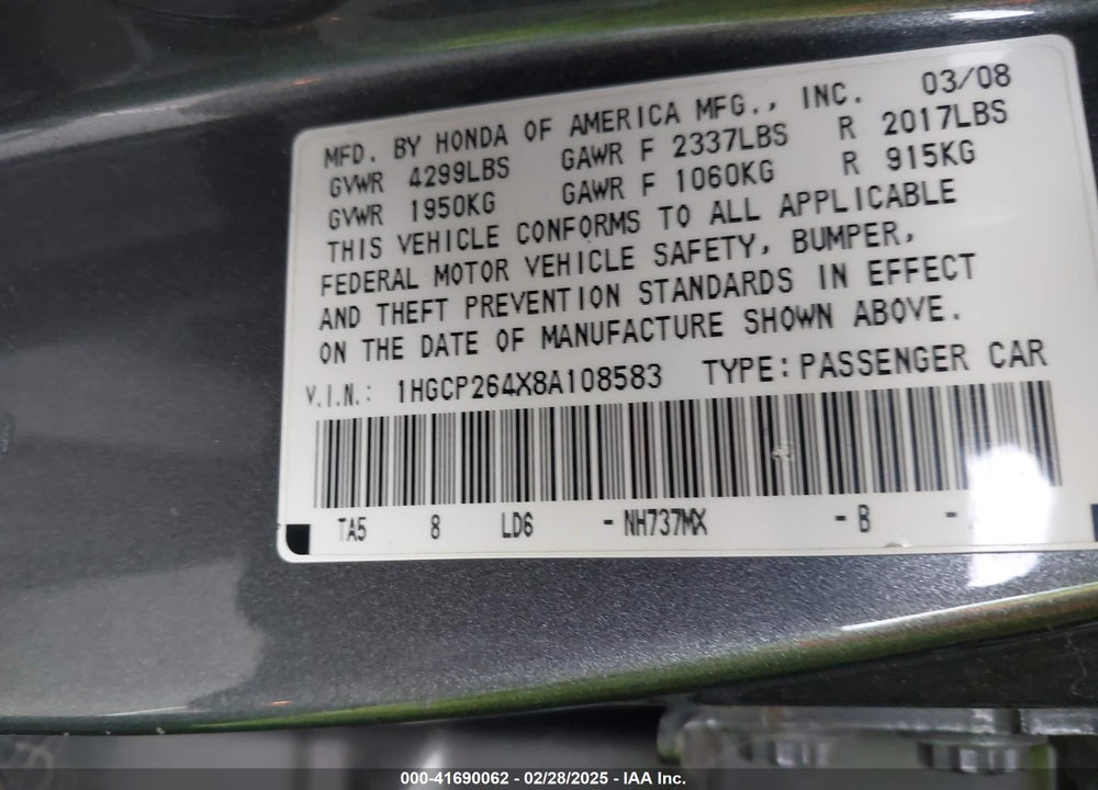 2008 HONDA ACCORD VIN: 1HGCP264X8A108583