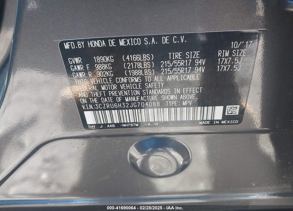 2018 HONDA HR-V VIN: 3CZRU6H32JG704088